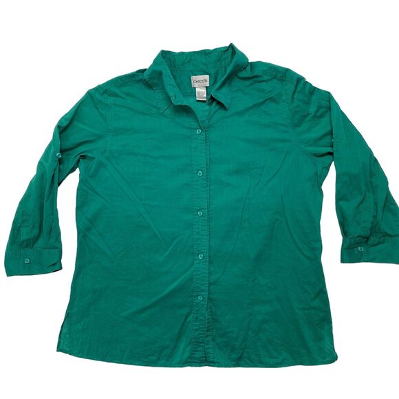 CHICOS Emerald Green 100% Cotton Roll Tab Button Up Shirt Size Large (2) Collar - Picture 4 of 10
